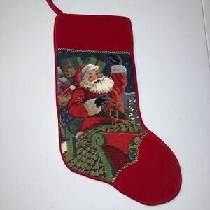 Vintage Needlepoint Christmas Stocking Santa’s Sleigh Red Velvet Backing